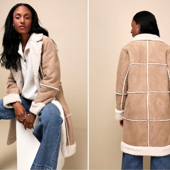 Lulus Warm Love Beige and Ivory Patchwork Shearling Coat - Picture 1 of 14